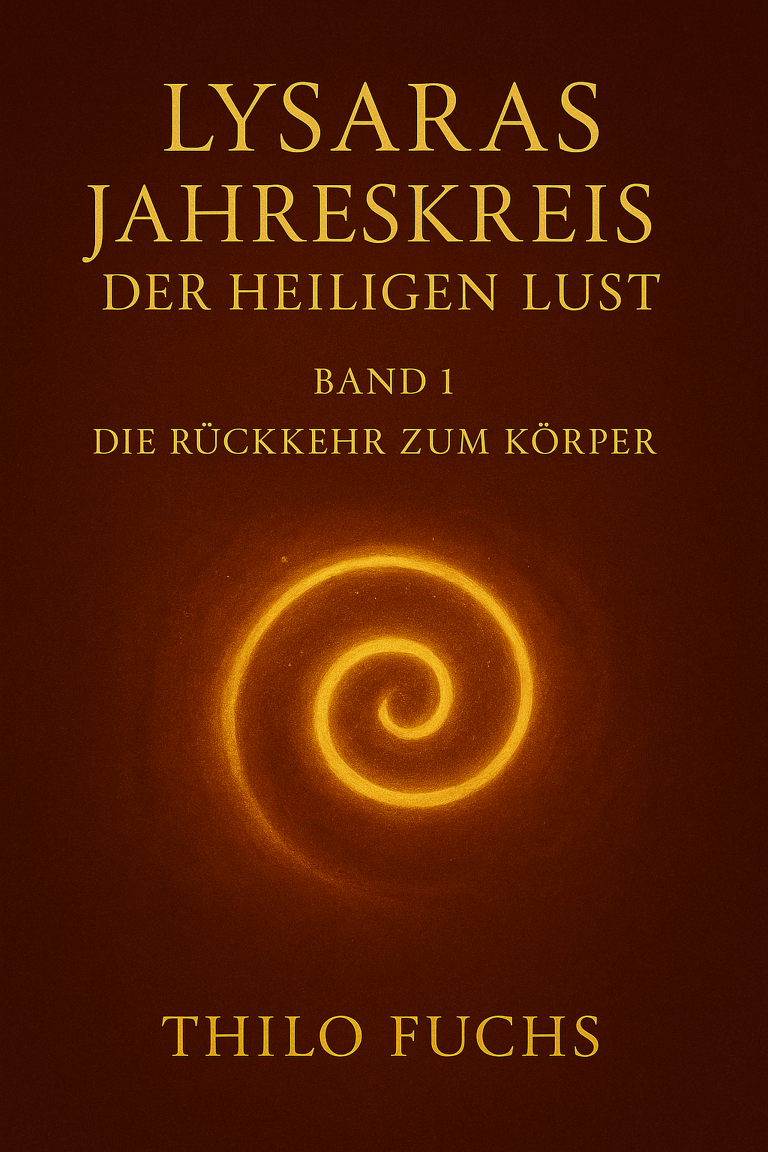 Buchcover „Lysaras Jahreskreis der heiligen Lust. Band 1: Die Rückkehr zum Körper“ von Thilo Fuchs mit goldener Spirale.