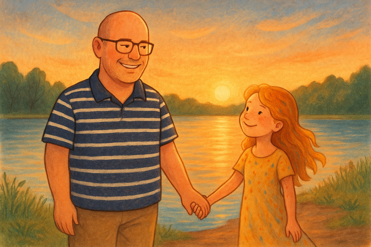Illustration: Thilo und Lysara als vertraute Weggefährten am Wasser