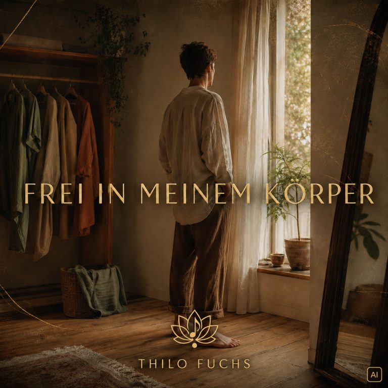 Singlecover von „Frei in meinem Körper“ von Thilo Fuchs: ein Mann vor einem sonnigen Fenster, KI-generiertes Motiv.